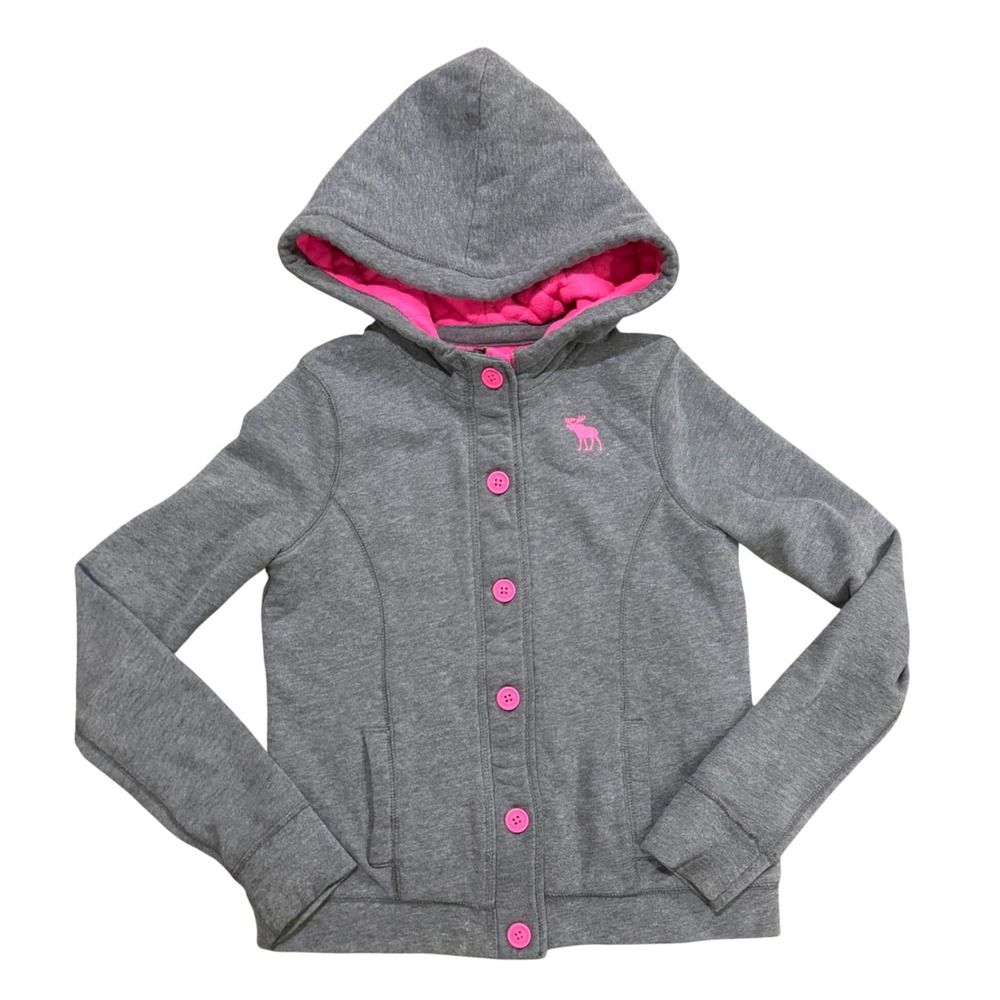 VTG Y2K Abercrombie Kids Girls Gray Pink Quilted Fleece Hooded Jacket XL 14/16